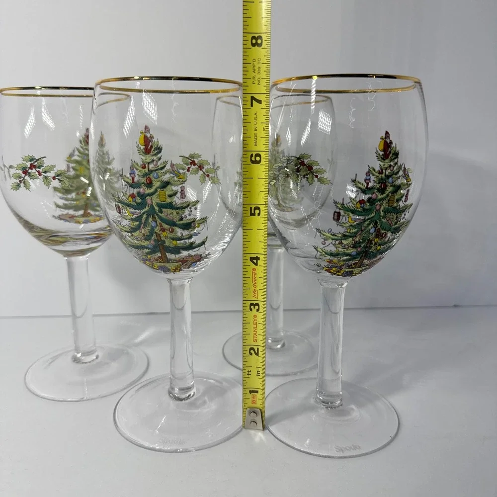 Spode Christmas Tree Wine Glasses Set of 4 Gold Rim Holiday Stemware 7.25 inch‎